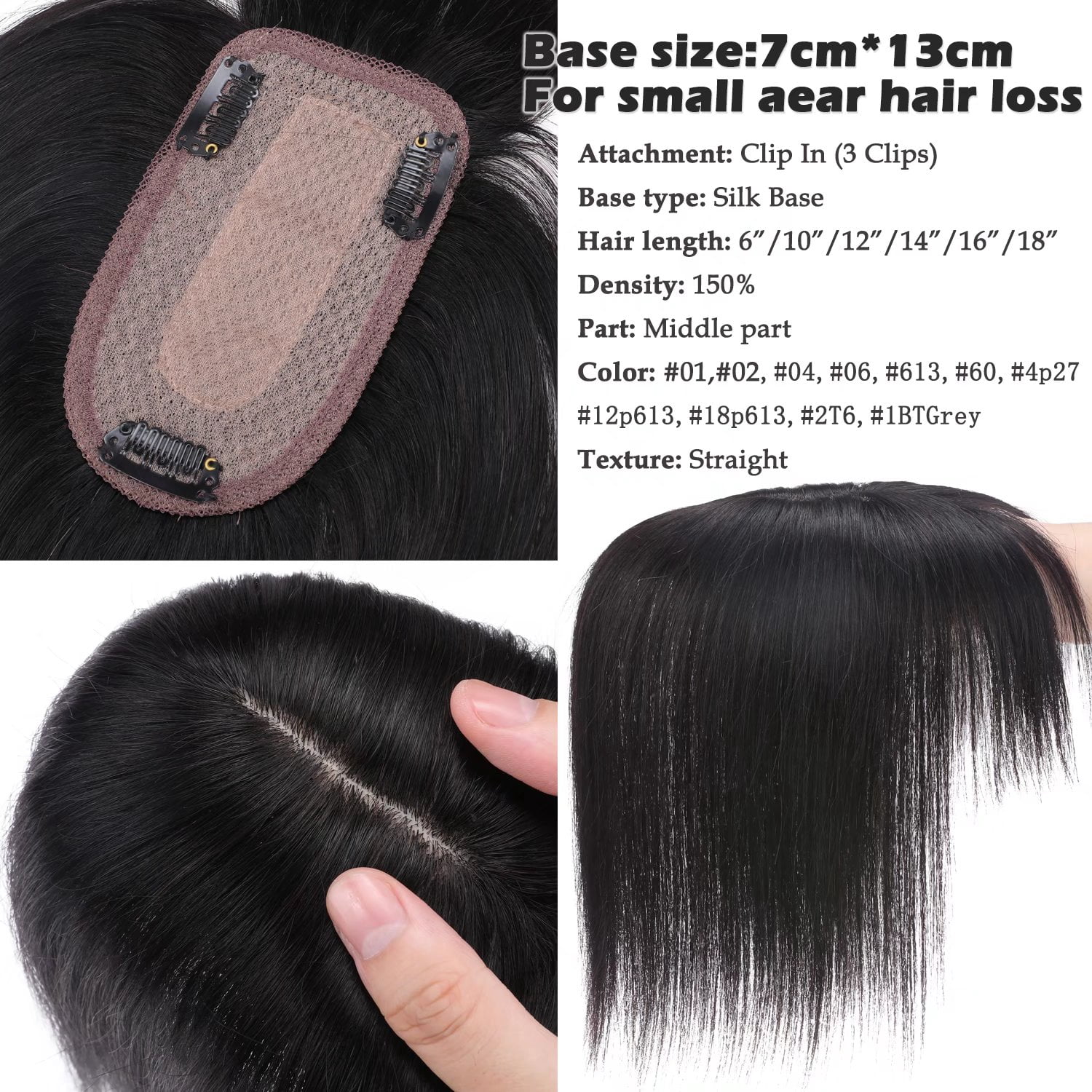 Benehair 100% Real Remy Human Hair Extensions Clip In Hairpiece Topper Toupee with Bang Fringe Women Hair Loss Silk Base Black