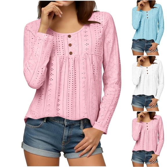 RongHuan Women Eyelet Tops Casual Long Sleeve Crew Neck T Shirts Lightweight Button Up Shirt Comfy Solid Color Vacation Tee