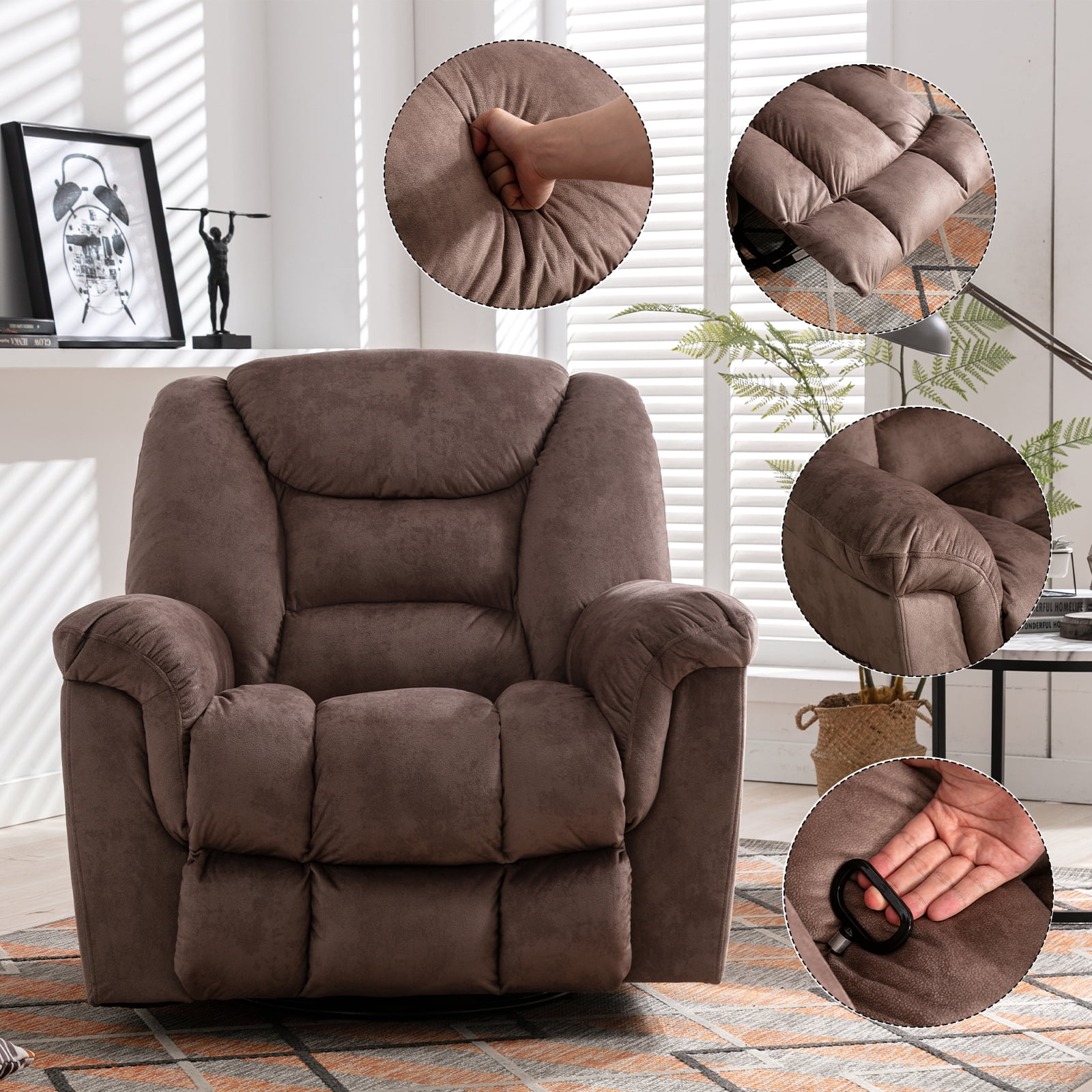 Bonzy Home Manual Swivel Rocker Recliner Chair, Fabric Upholstered Reclining Sofa Chair for Living Room, Brown