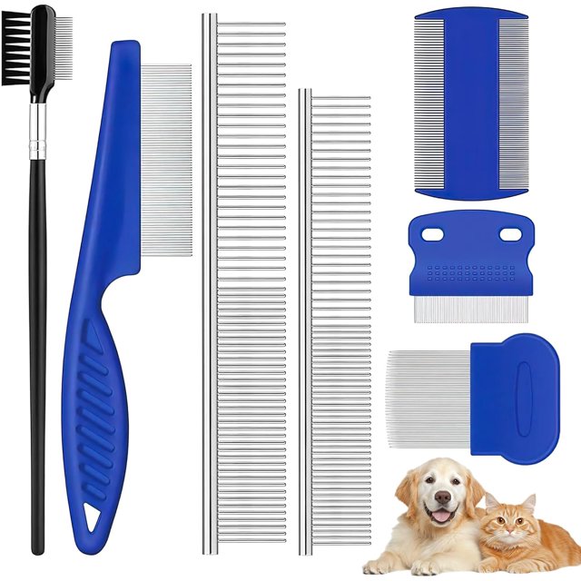 Pet Flea Combs, Flea Combs, 7 Pcs Stainless Steel Flea Lice Comb for Small, Medium and Large Pets (Blue)