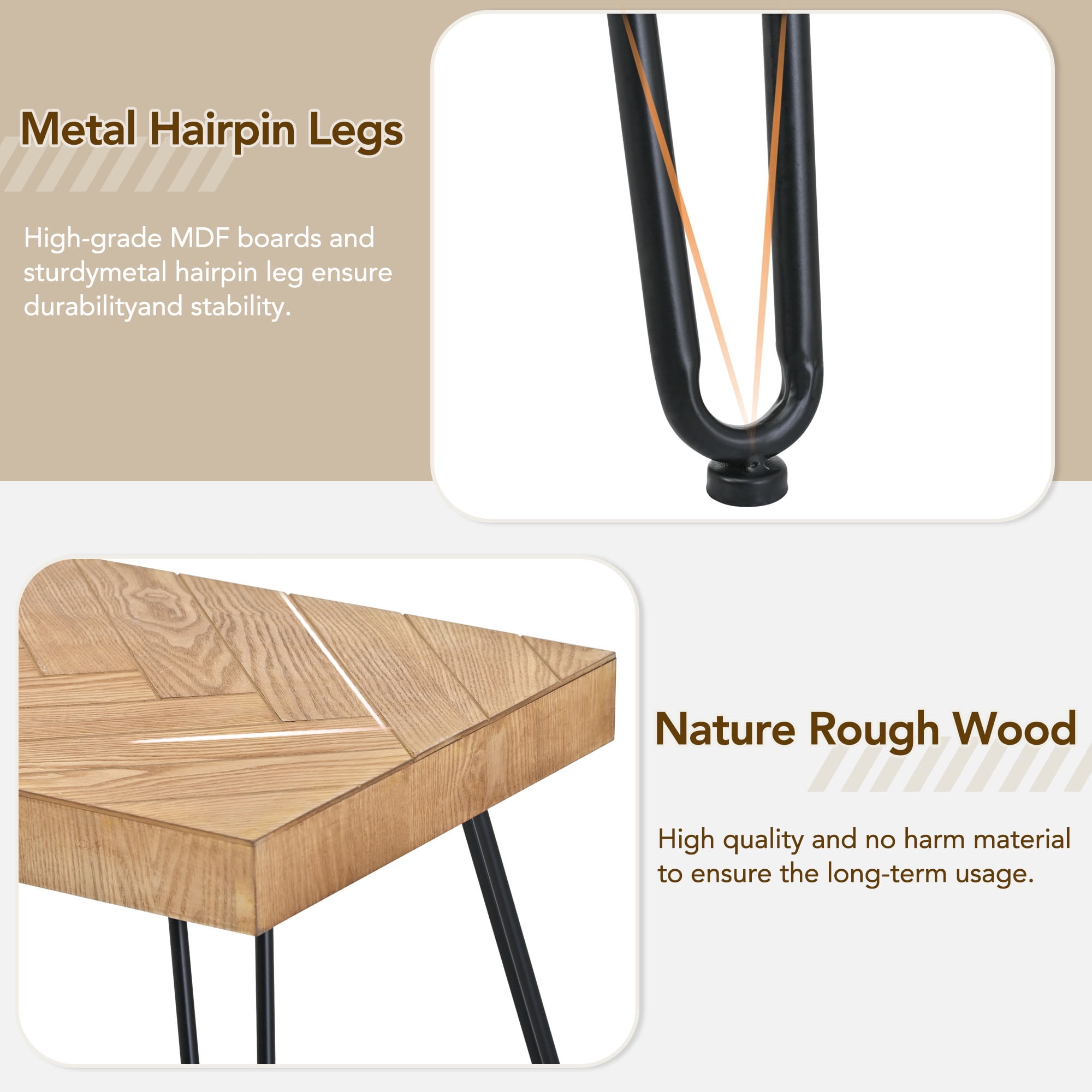 MAYEERTY Modern Coffee Table with Chevron Pattern & Metal Hairpin Legs, Easy Assembly Tea & Cocktail Table for Living Room, Ash Wood Finish