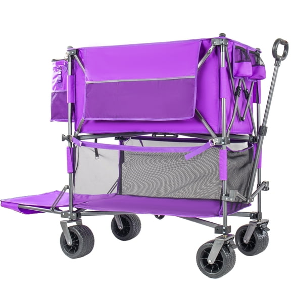 55" Heavy Duty Double-Layer Wagon with Brakes,560LBS Double Decker Wagon, 650L Collapsible Wagons Carts with 7''x4''All-Terrain Wheels for Sports,Camping,Fishing,Transport, Purple