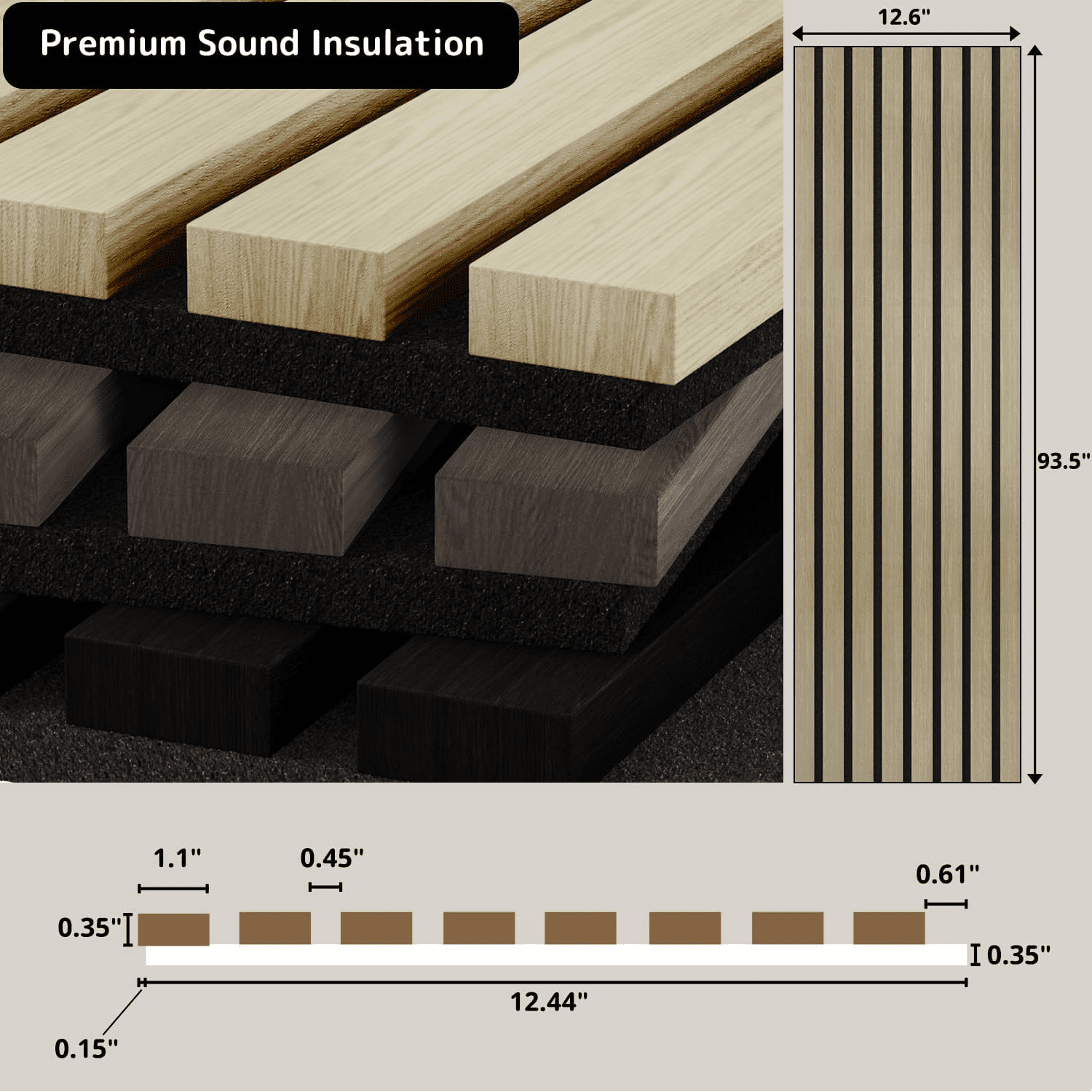 Wood Slat Wall Panels, Solid Wooden Wall Panels, 2 Pack 93.5" x 12.6" Soundproof Wall Panels, 3D Textured Panel Acoustic Fluted Wall Panels for Interior Wall Decor