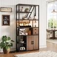 thumbnail image 2 of Tall Wine Bar Cabinet with LED Lights & Power Outlets – Multi-Functional Liquor & Coffee Station, Wine Rack, Glass Holder, Microwave Stand – For Living Room or Kitchen – Black Frame + Brown Wood Board, 2 of 8
