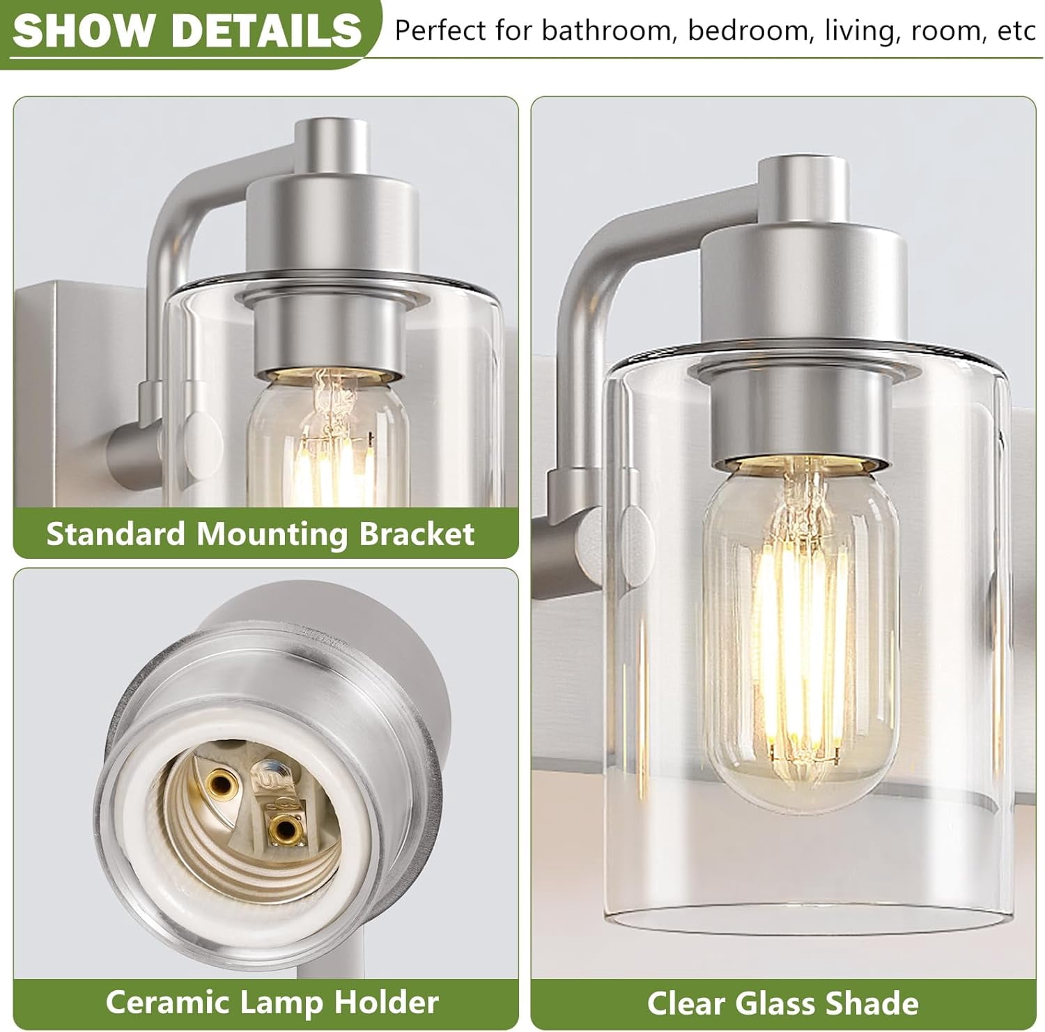 Bathroom Light Fixtures Bathroom Vanity Light 3-Light Bathroom Lights over Mirror with Clear Glass Shade for Kitchen Living Room Bedroom