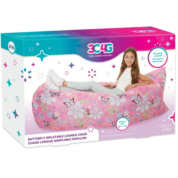 Three Cheers for Girls: Pink Butterfly Inflatable Lounge Chair- 6 Feet, 250 Lb. Capacity, Drawstring Carrying Bag, Teens Tweens & Girls Ages 6 