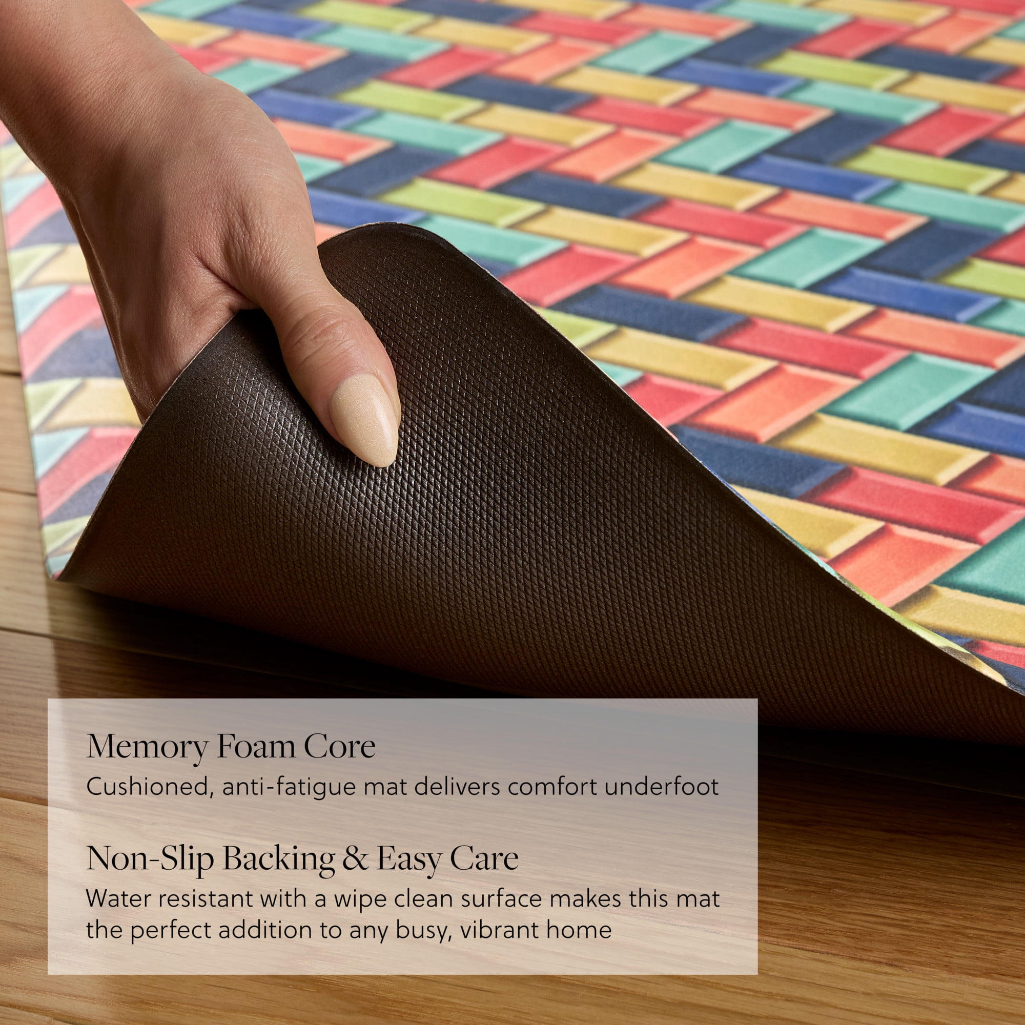 FIESTA Party Herringbone Tiles Modern Geo Anti-Fatigue Comfort Kitchen Mat, Non-Slip Floor Mat, Padded Standing Desk Mat, Red/Blue/Yellow, 20"x39"