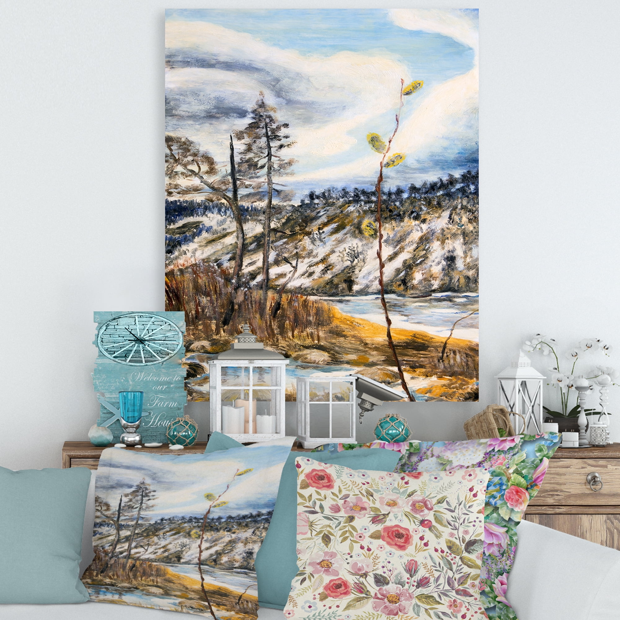 Designart ' The Cloudy Sky and The River With Spring Landscape ' Lake House Canvas Wall Art Print