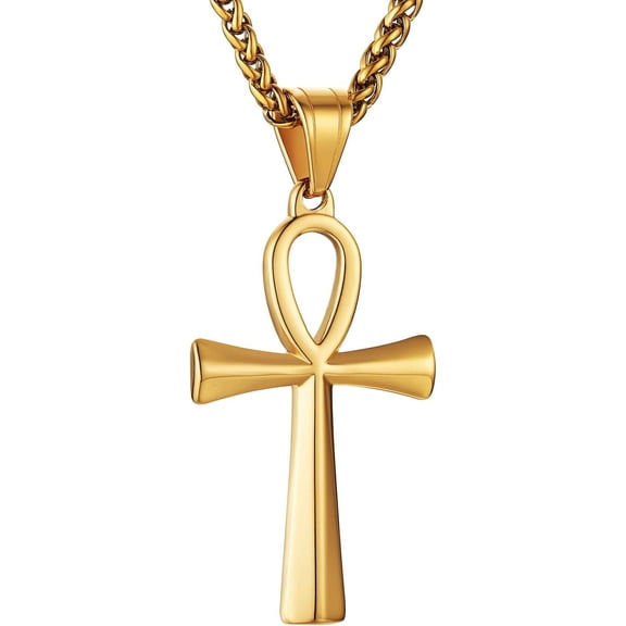 Men's Stainless Steel Coptic Ankh Cross Religious Pendant Necklace, 22 2" Rope Chain