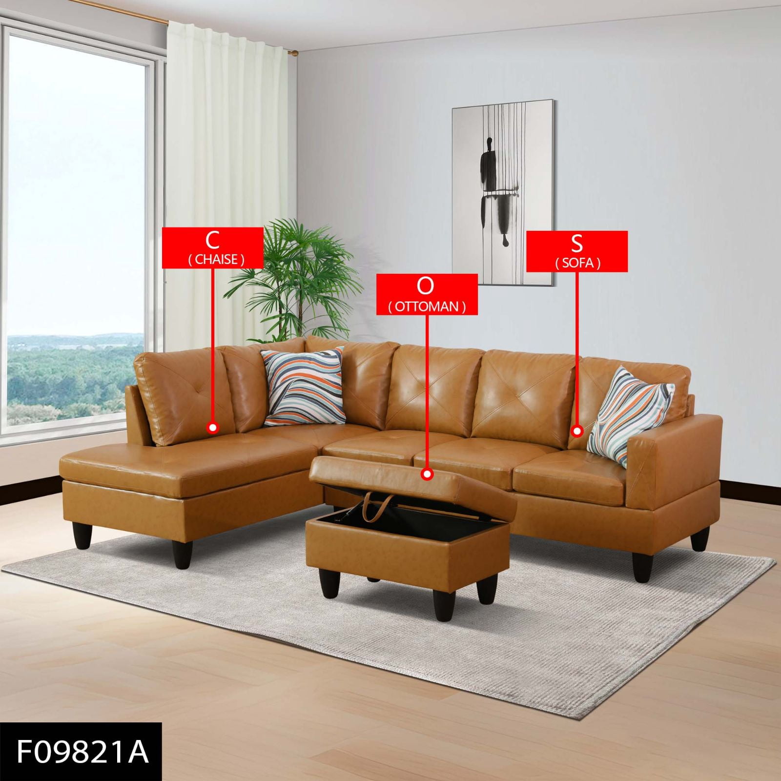 3-Piece L-Shaped Sectional Sofa with Movable Chaise & Storage Ottoman, Faux Leather Living Room Modular Convertible Couches Set for Home Apartment Office, Ginger