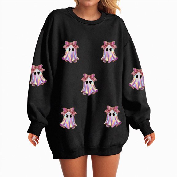 Godom Halloween Sweatshirts for Women Ghost Graphic Crewneck Long Sleeve Pullover Tops Loose Fit Soft Knit Ribbed Casual Fall Winter Outfits