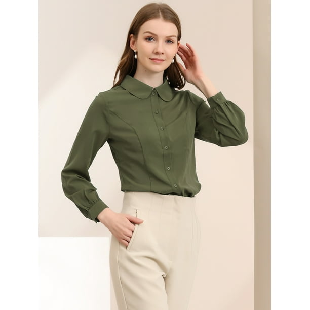 Camisa Con Botones Para Mujer Blusa De Manga Larga Con Cuello Peter Pan De Carrera Ejercito verde S Unique Bargains Camisa Walmart en linea