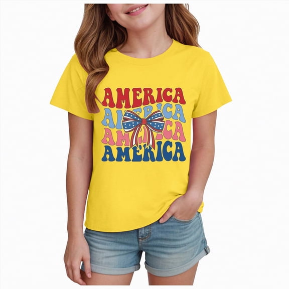 Yindaity Memorial Day Shirts for Girl Girl American Flag Shirts Tshirt 4th of July Shirt Cotton Short Sleeve Tees(Yellow,9-10 Years)
