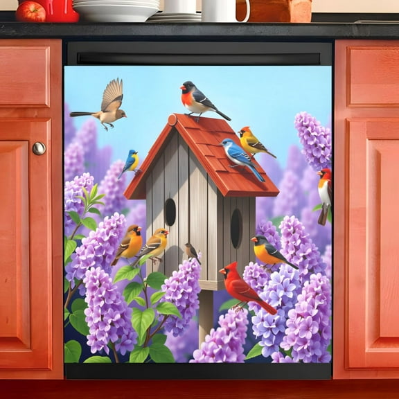 Ryvnso Colorful Birds Lavenders-2 Dishwasher Magnetic Refrigerator Magnet Cover Kitchen Home Decorative 23"x26"