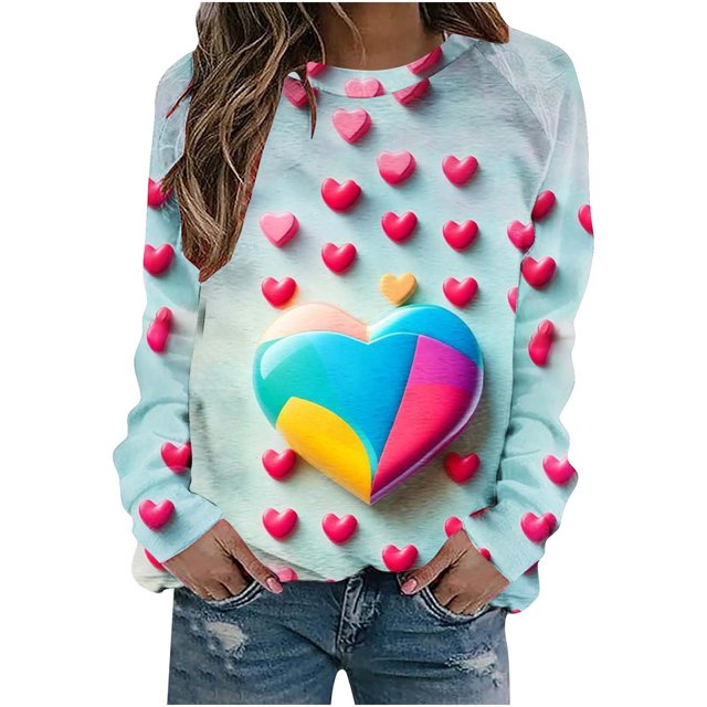 VALMASS Chandails en Molleton de la Saint-Valentin pour Femmes Manches Longues Imprimé Cœur Hauts Décontractés Col Rond Blouses d'Extérieur (L, Bleu Clair)