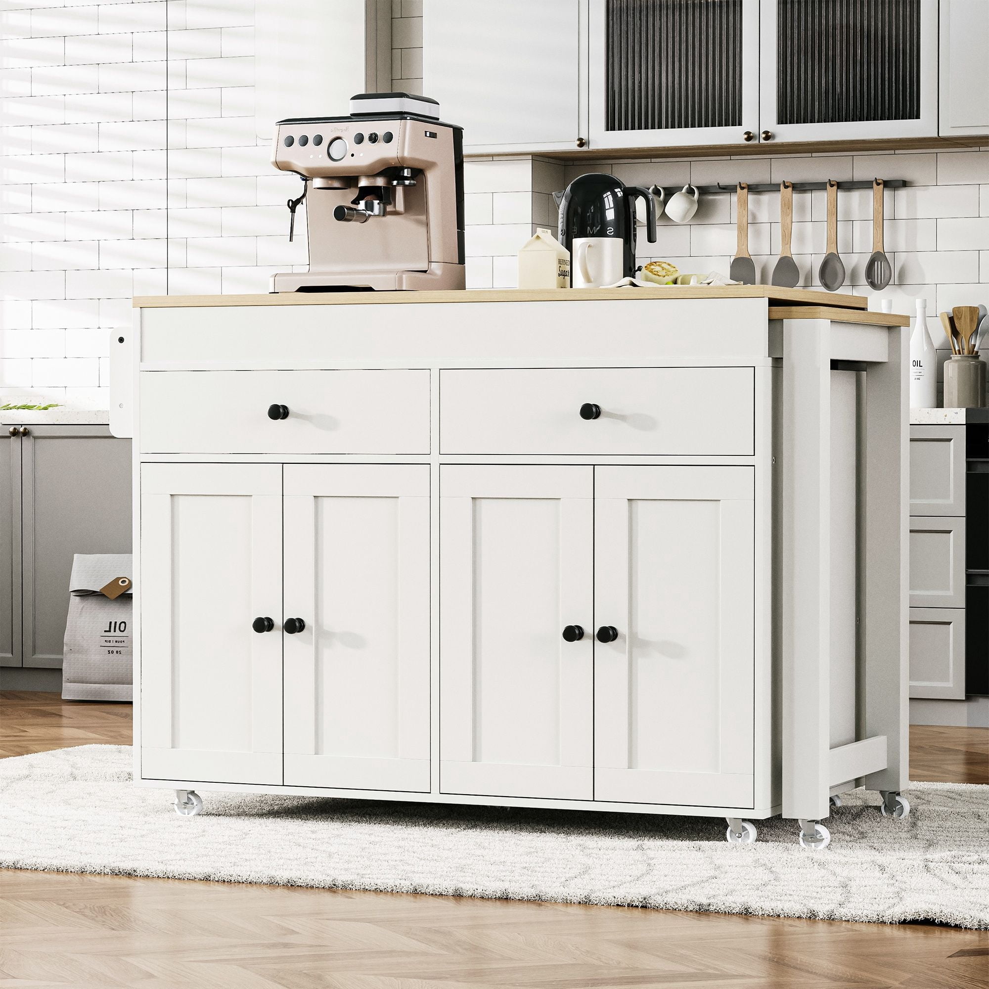Alvantor 74.5" Kitchen Island with Extendable Dining Table, 2 Drawers, 4 Doors, Off White