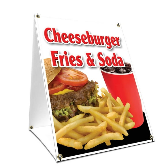 A-frame Sidewalk Cheeseburger Fries Soda Sign With Graphics On Each Side | 18" X 24" Print Size