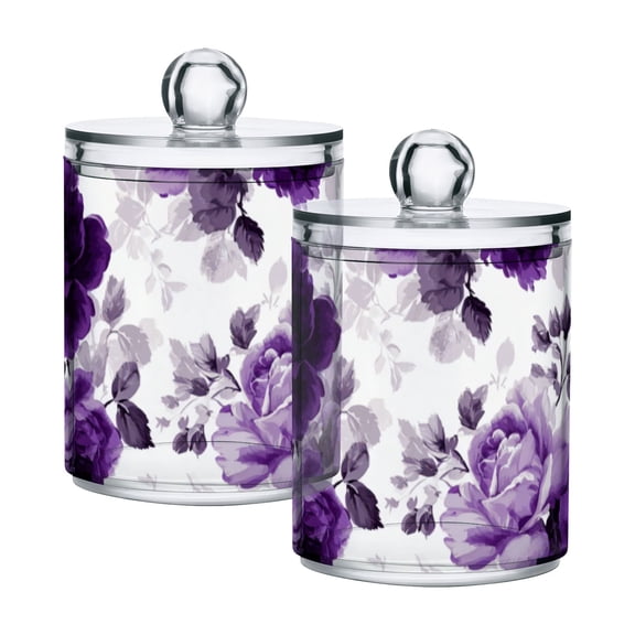 Purple Flowers Gray Leaves Translucent Plastic Cans Storage Canisters with Lid Set of 2
