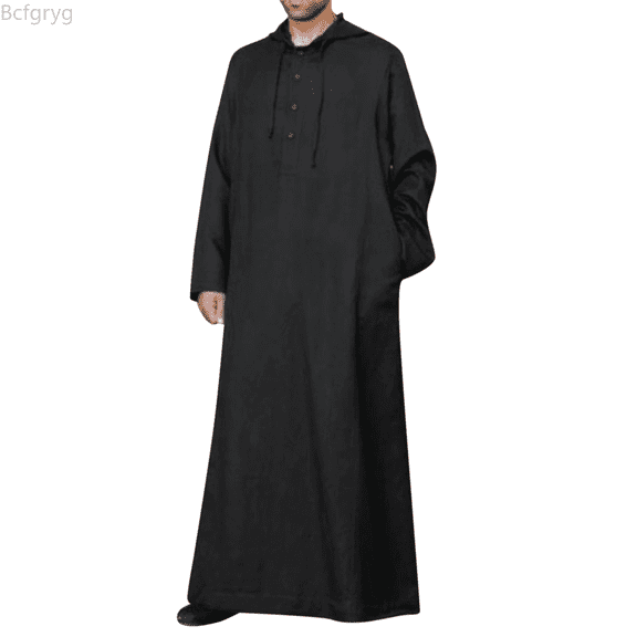 Bcfgryg Pocket Hooded Sleeve Casual Thobe Solid Men's Long Jubba Button Robe Men's Blouse Big and Tall Shirts Black XXXL