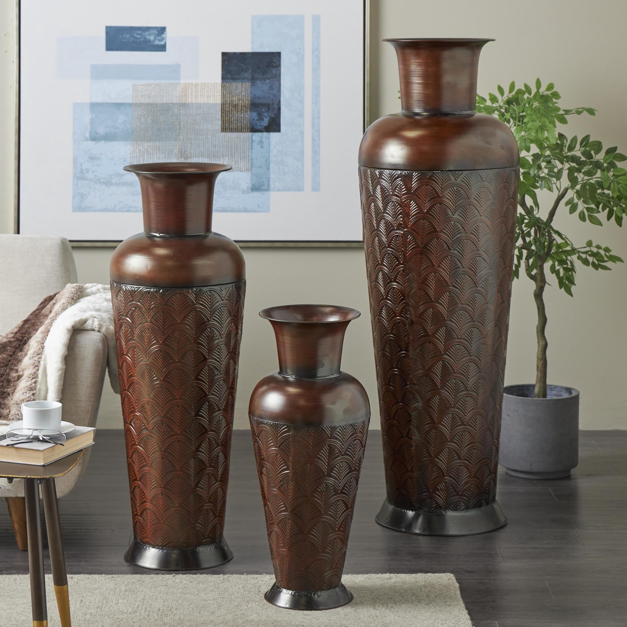 DecMode 53", 40", 27"H Geometric Tall Tapered Floor Dark Brown Metal Vase with Brown Trumpet Tops, Set of 3