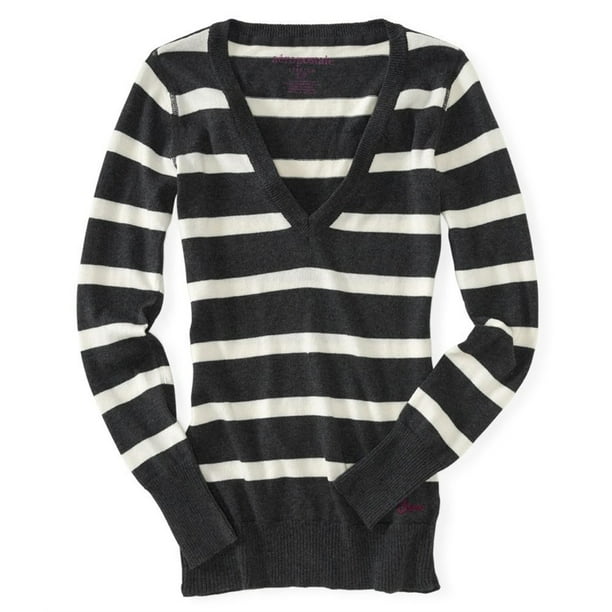 Suéter Aeropostale mujer Punto Cuello en V Rayas Gris Pequeño