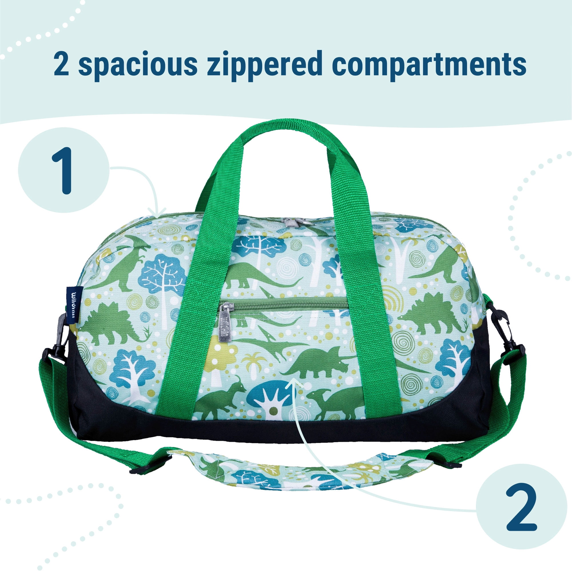 Wildkin Kids Overnighter Duffel Bag for Boys & Girls, Features Two Carrying Handles and Removable Padded Shoulder Strap, BPA & Phthalate Free (Dinomite Dinosaurs Green)