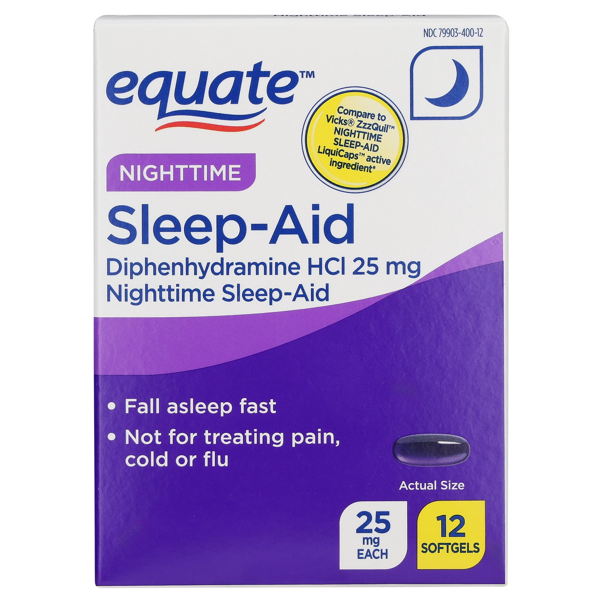 Equate Night-Time Sleep-Aid Softgels with Diphenhydramine 25 mg for Occasional Sleeplessness, 12 Count