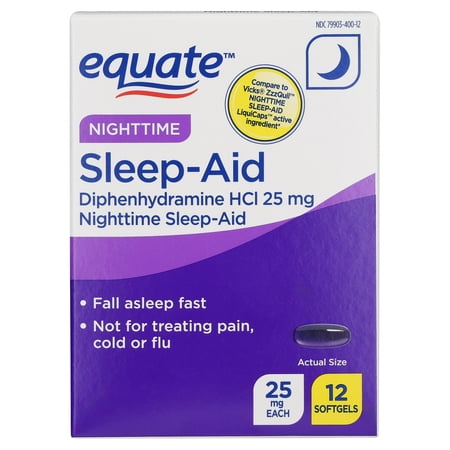 Equate Night-Time Sleep-Aid Softgels with Diphenhydramine 25 mg for Occasional Sleeplessness, 12 Count