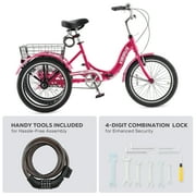 Viribus 20 Folding Adult Tricycle 7 Speed Dual Chain Folding Trike for Adults Hot Pink