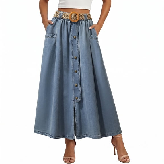 Women's Tennis Skirts Summer Button Elastic Waist Denim Skirt Line Pleated Midi Long Jean With Pockets Blue M