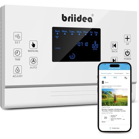 Briidea 8‑Zone WiFi Smart Sprinkler Controller, Customized Watering Schedule, Seasonal Adjustment, for Automatic Irrigation, 1 Pack