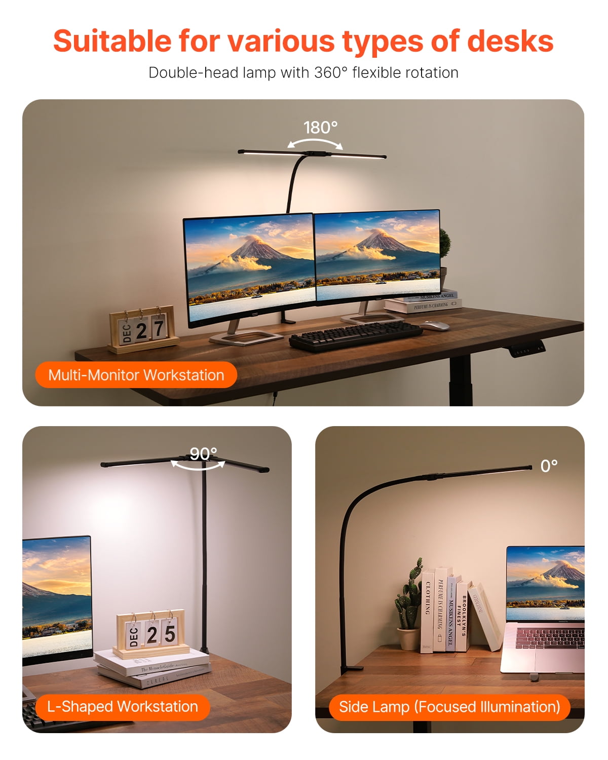 VEVOR LED Desk Lamp with Clamp, Double Head Architect Desk Lamp for Home Office, Eye-Caring Desk Light with 360° Adjustable Gooseneck, 50 Lighting Modes & Timer Function for Studying Working Drawing