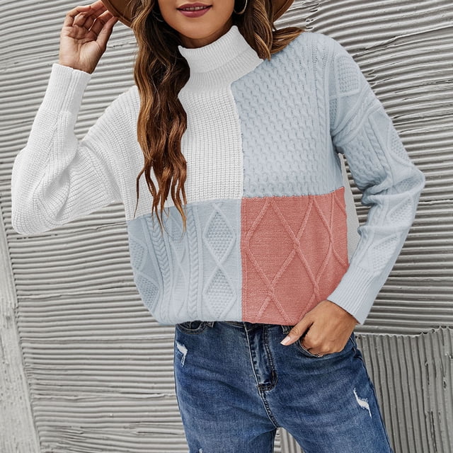 EGNMCR Pull Col Roulé pour Femmes, Pull Ample à Manches Longues Col Rond