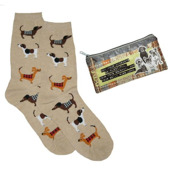 DAVCO Women's Stacked Dogs Tan Crew Sock & Reuseable Pencil Bag - 9-11
