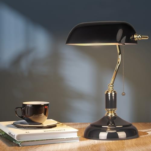 FIRVRE Bankers Desk Lamp with Pull Chain Switch Plug in Fixture, Black Glass Shade Desk Lamps, Golden and Black E26 Base, Traditional Library Lamp for Office,Piano,Study Room