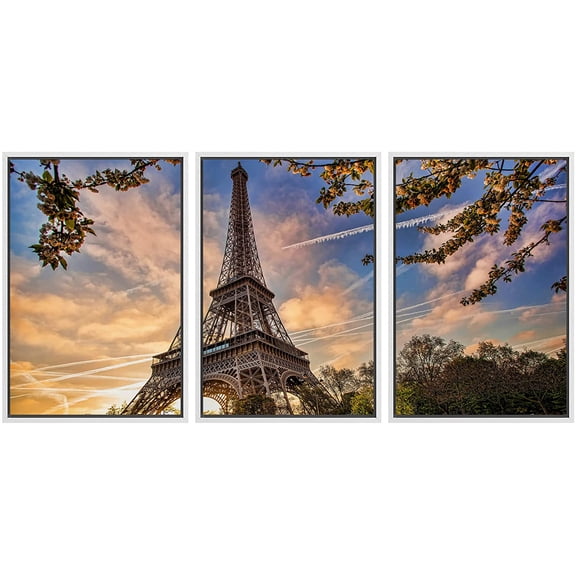 wall26 - 3 Piece Framed Canvas Wall Art - Eiffel Tower with Spring Tree in Paris, France - Modern Home Art Stretched and Framed Ready to Hang - 24"x36"x3 White