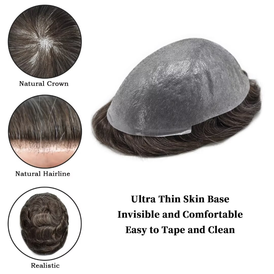 LYRICAL HAIR Toupee for Men 0.04-0.06mm Ultra Thin Skin Mens Toupee Hairpiece Human Hair Replacement Systems All V-Looped PU Toupee Hair for Men Natural Hairline Mens Hair Wig Units