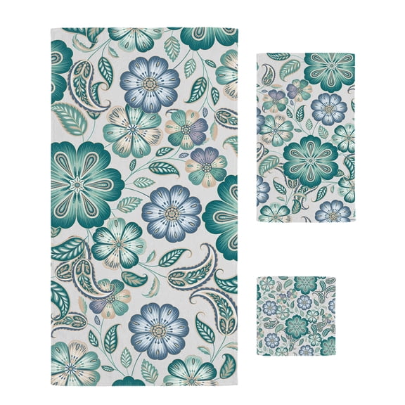 Teal Paisley Pattern Towel Set of 3, Soft Microfiber Bath Towels, Hand Towel, Washcloths, Boho Ethnic Floral Traditional Quick-Dry Absorbent Towels for Bathroom Kitchen Hotel Beach Gym Spa