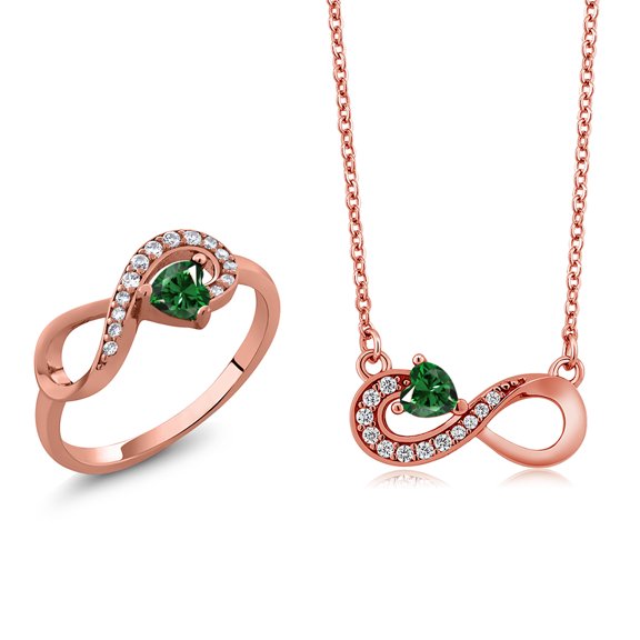 Gem Stone King 18K Rose Gold Plated Silver Green Nano Emerald Infinity Ring Pendant Jewelry Set for Women (1.05 Cttw, Gemstone May Birthstone, Heart 4MM, with 18 inch Silver Chain)