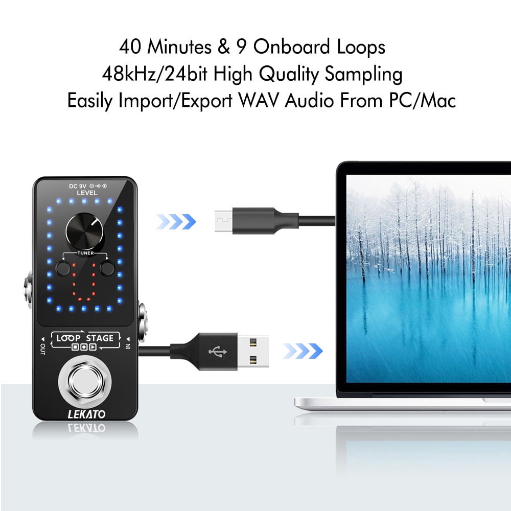 LEKATO Guitar Looper Pedal Effect Pedal with Tuner Function Looper Pedal Loops 9 Loops 40 minutes Record Time with USB Cable and 9V 0.6A Pedal Power Supply Adapter
