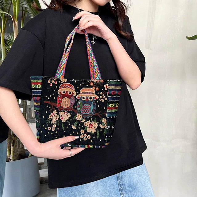 facefd Embroidered Handmade Women Shoulder Bag Travel Bag Gift Blue Yellow Owl