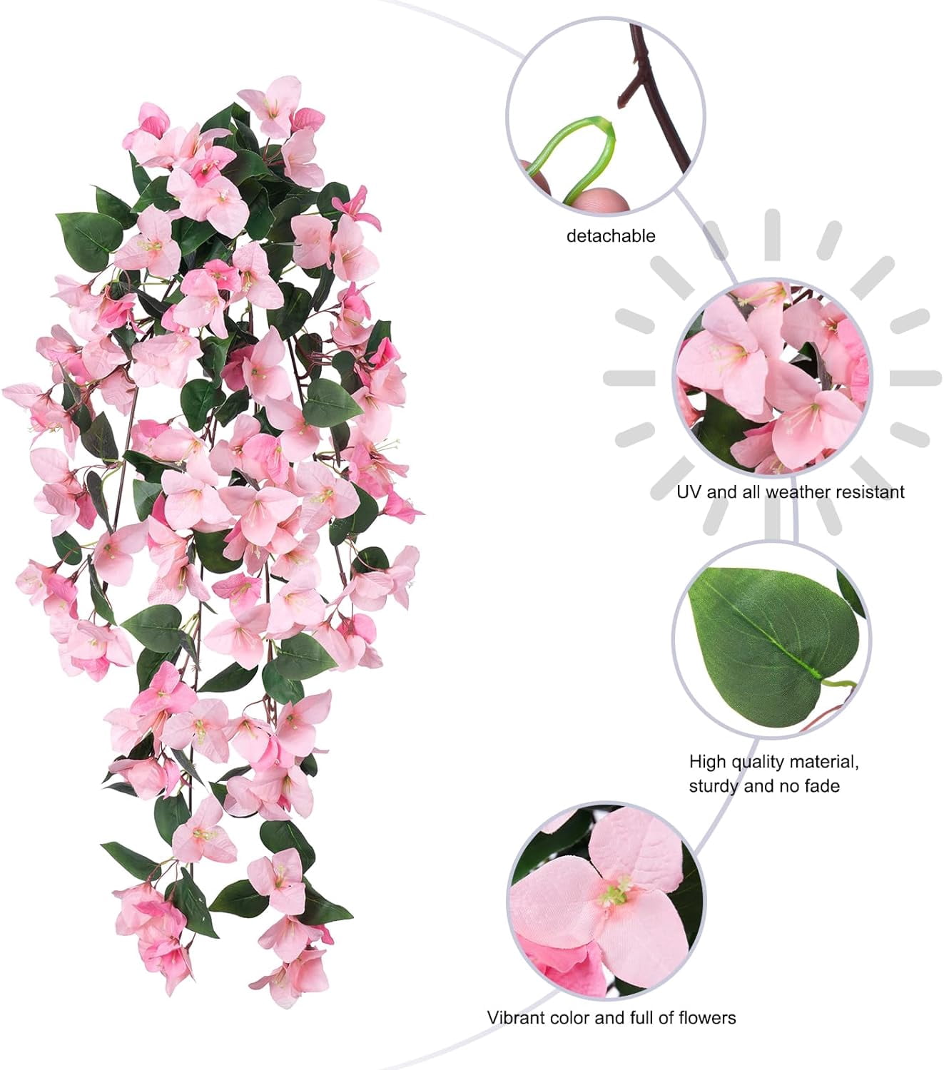 Artificial Fake Hanging Plants Flowers for Outdoor, 2pcs Faux Silk Pink Bougainvillea Long Vines Stems Realistic UV Resistant for Home Porch Patio Balcony Garden Yard Outside Party Wedding Decor