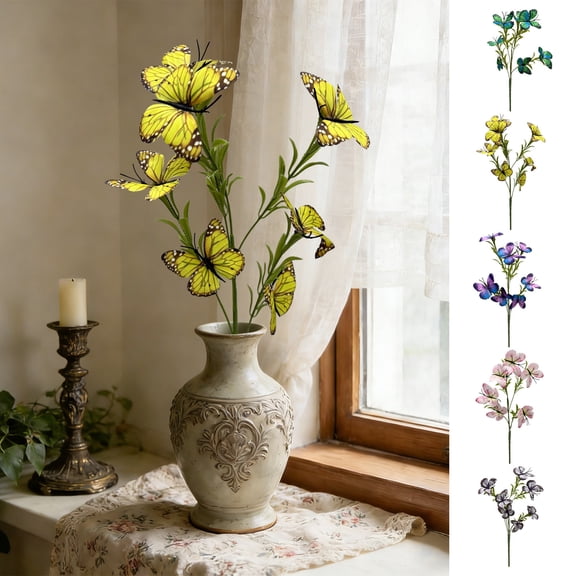 Naxoaeo Artificial Flower Bouquet, 7 Head Silk Flowers with Simulated Butterflies, Faux Floral Arrangement for Indoor Window Display, Outdoor Garden Decor, Wedding Party Centerpiece, 31.5 inch