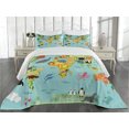thumbnail image 2 of Ambesonne Cartoon Quilted Coverlet 3 Pcs, Animal Map of the World, Queen Size, Pale Blue Yellow Green, 2 of 4