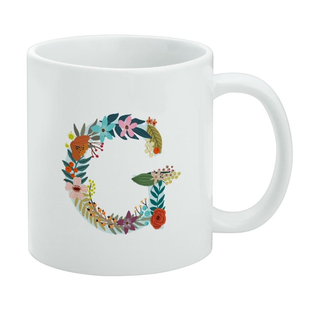 Personalised Letter G Floral Mug - Custom Name Coffee Cup With Gold Effect Print, Extra Large 11oz Ceramic Mug, Gift Box Option For Birthday, Anniversary