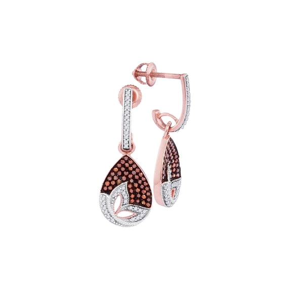 10kt Rose Gold Womens Round Red Color Enhanced Diamond Teardrop Dangle Earrings 3/8 Cttw