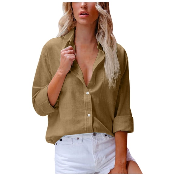 Vente de Liquidation Blouse pour Femmes Chic Décontracté Couleur Unie Blouses Vintage et Chemises Boutonnées Col à Revers Mode Chemise d'Enseignante Lin et Coton Chemises à Manches Longues pour Femmes (Kaki, TG)