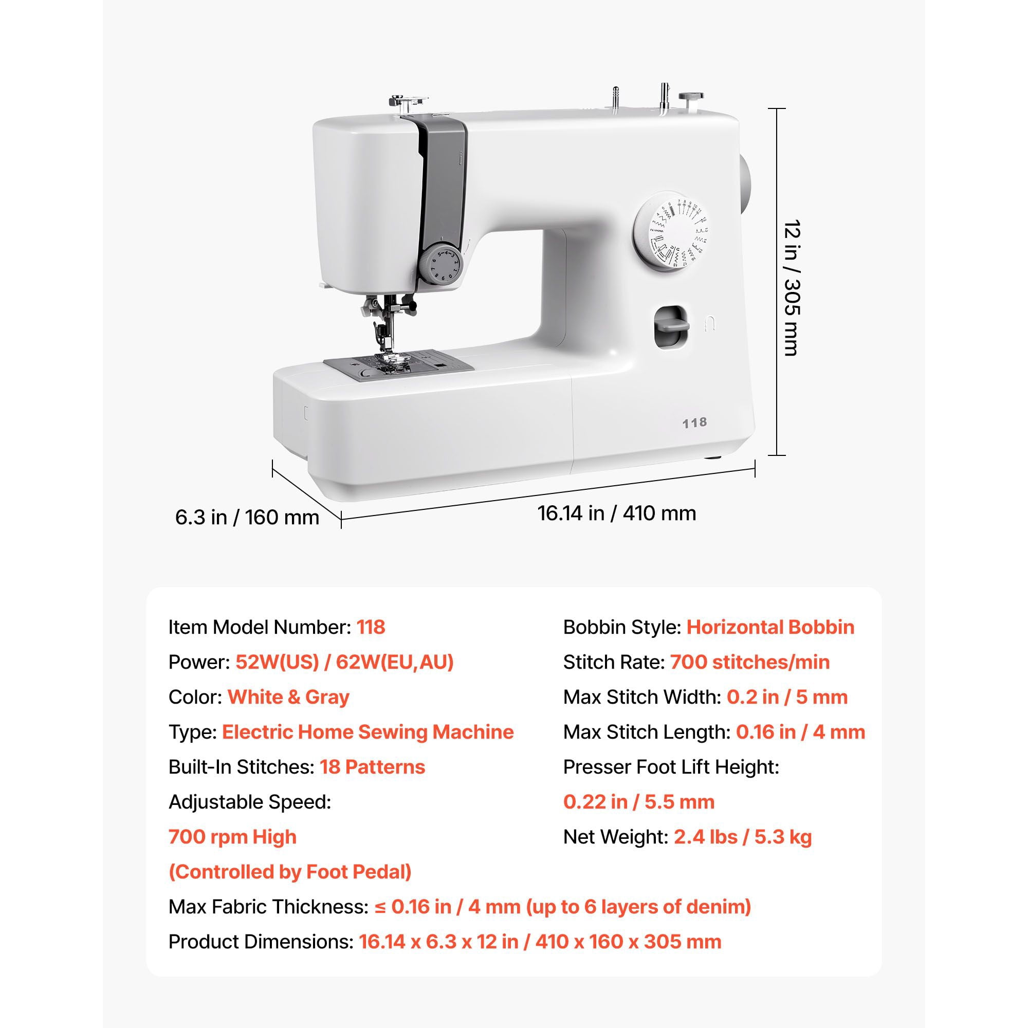 Sewing Machine,18 Stitch Applications,with LED Light&Foot Pedal,Simple Dial Control,Interior Metal Frame,Lightweight&Portable Beginner Sewing Machine for Adults Crafts&Mending