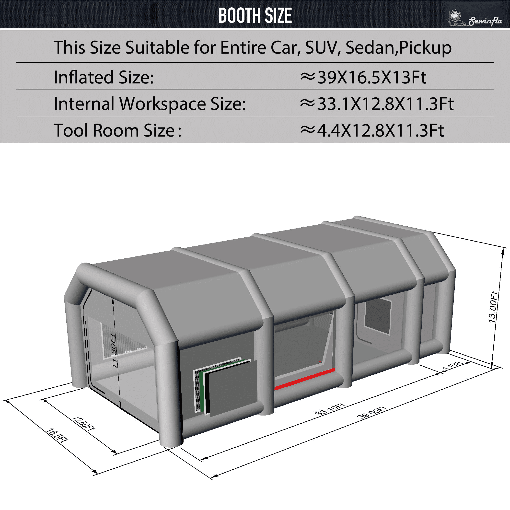 Sewinfla Inflatable Paint Booth 39x16.5x13Ft with Blowers Professional Inflatable Spray Booth Portable Car Painting Booth