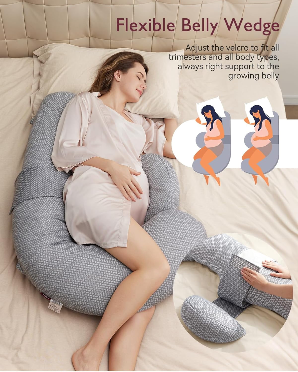 Pregnancy Pillow,Original F Shaped Maternity Pillow for Pregnant Women with Adjustable Wedge Pillow, Full Body Support Pregnancy Pillows for Side Sleeping with Velvet Cover, Light Grey